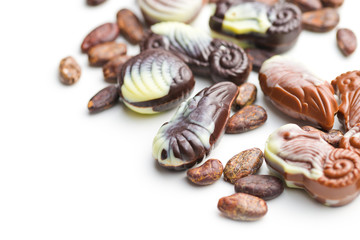 Sweet chocolate seashells and cocoa beans.