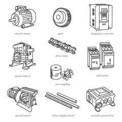 Line illustrations of drive technology like motors and reducers / Drive technology and expendable parts in line style with names
 - obrazy, fototapety, plakaty