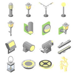 Set of outdoor lights icons in isometric view / Icons of outdoor lights in isometric view and solid fill on white background
