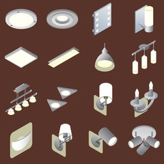 Set of indoor lights icons in isometric view / Icons of indoor lights in isometric view and gradient fill on dark background

