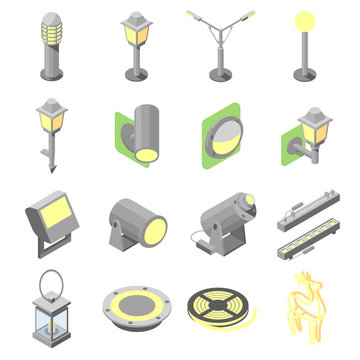 Set of outdoor lights icons in isometric view / Icons of outdoor lights in isometric view and solid fill on white background
