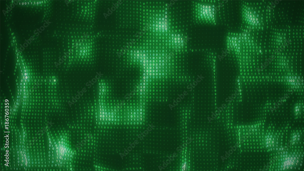 Poster vector abstract big data visualization. green glowing data flow as binary numbers. computer code rep