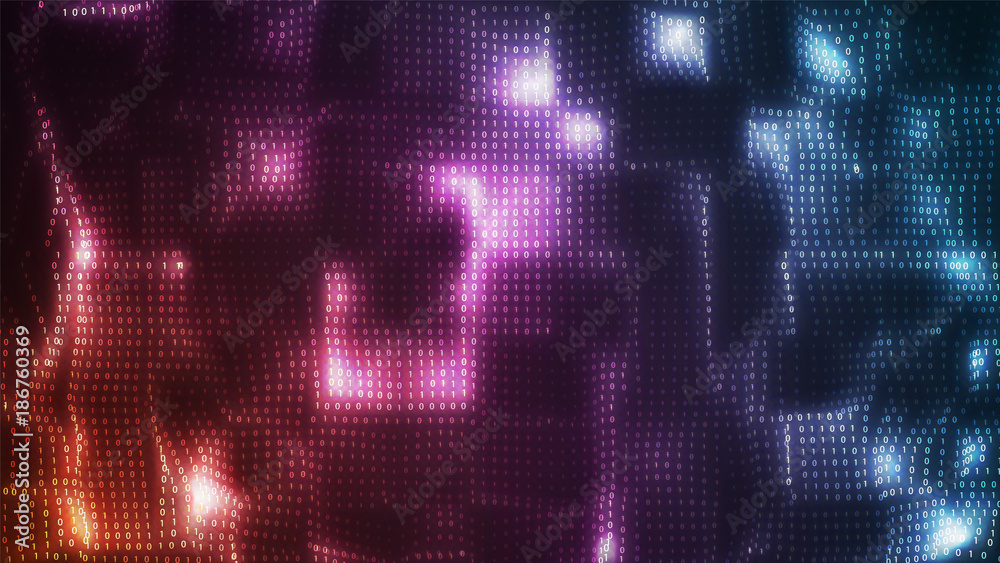 Poster vector abstract big data visualization. colorful glowing data flow as binary numbers. computer code 