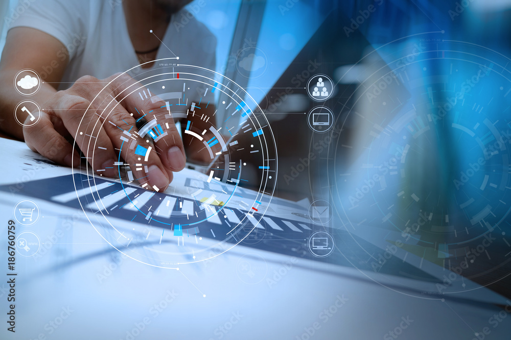 Poster businessman hand working with modern laptop computer in modern office with virtual icon diagram