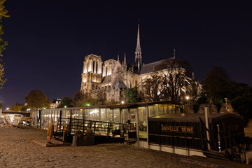 Fototapeta na wymiar Paris - France, November 1, 2017: Notre dame de Paris and barge viewed from River Seine by night