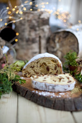 A traditional German Christmas fruitcake, with dried fruits and nuts. Homemade pastries for breakfast.