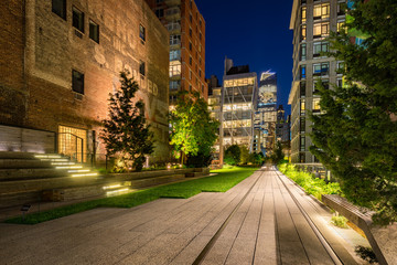 The High Line promenade (Highline) illuminated at night in Summer. Chelsea, Manhattan, New York City