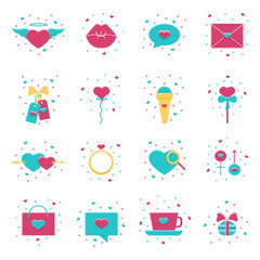 Valentine's Day flat icon collection: heart, love ring, sale tag, letter, sweets. Set of vector signs for wedding, engagement, marriage events, social and dating apps, 14 february parties.