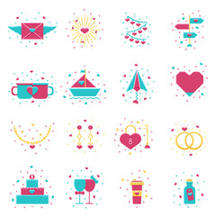 Valentine's Day flat icon set: mail, road sign, cake, couple rings and mugs, jewelry. Set of vector signs for wedding, marriage, romantic events, social and dating mobile and web apps.