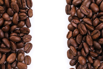 Frame of roasted coffee beans isolated on white can be used as background or texture.