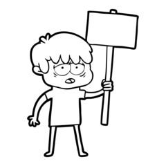 cartoon exhausted boy with placard