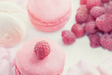 Obraz na płótnie Canvas Pink raspberry macaroons with ripe raspberries. Selective focus. Dessert close-up