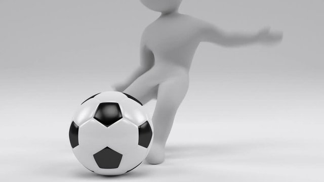 3d man is kicking white and black soccer ball, 3d rendering