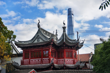 YuYuan garden in Shanghai, China and Shanghai Tower, the tallest buildings in Shanghai