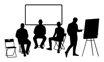 4 male silhouettes in the meeting room, 3 sitting, 1 writing on a flip chart