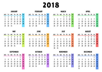 Calendar 2018, template. Week starts from Monday. Vector illustration