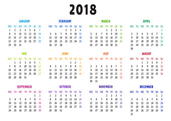 Calendar 2018, template. Week starts from Monday. Vector illustration