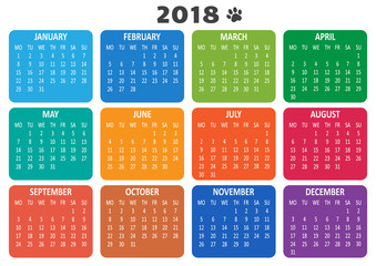 Calendar 2018, template. Week starts from Monday. Vector illustration