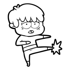 cartoon exhausted boy doing karate