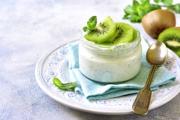 Portion of natural yogurt with chia seed and kiwi slices.