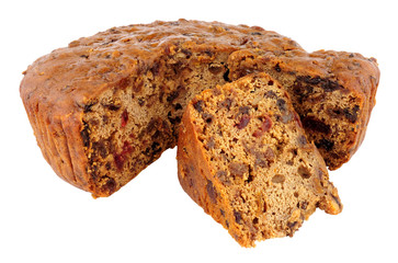 Basic undecorated home made fruit cake isolated on a white background