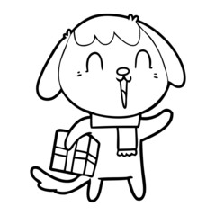 cute cartoon dog with christmas present