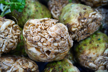 Celery root (celeriac) vegetable at a French farmers market