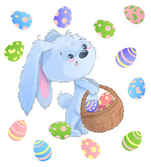 Happy Easter Bunny. Vector illustration clipart set for Easter greeting card, invitation with cute rabbit and Easter eggs on isolated background.