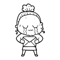 cartoon old woman crying with letter
