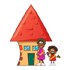 african black boy cartoon with mother and house isolated on white background