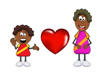 african black boy cartoon with mother and heart isolated on white background