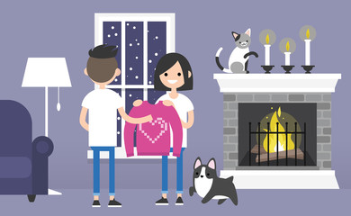 A couple of young characters celebrating Saint Valentines day. Decorated guest room with a fireplace. Pets. Cozy interior. Flat editable vector illustration, clip art