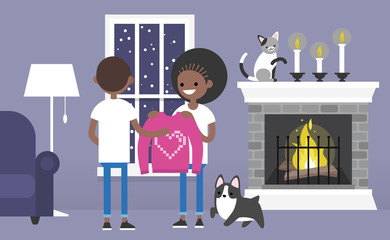 A couple of young black characters celebrating Saint Valentines day. Decorated guest room with a fireplace. Pets. Cozy interior. Flat editable vector illustration, clip art