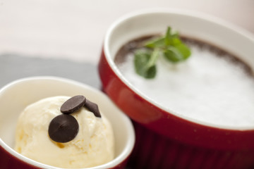 souffle served on a table in a restaurant with focus on ice cream