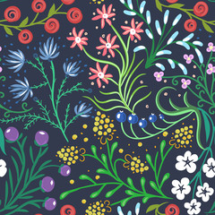 Floral seamless pattern. Hand drawn creative flower. Colorful artistic background with blossom. Abstract herb. It can be used for wallpaper, textiles, wrapping, card. Vector illustration, eps10
