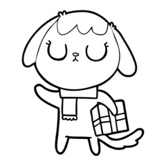 cute cartoon dog with christmas present