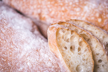 Close-up of sliced baguette.