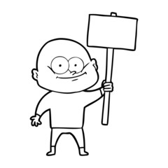 cartoon bald man staring with sign