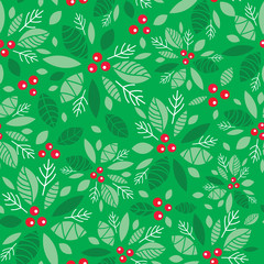 Obraz premium Vector mint green holly berry holiday seamless pattern background. Great for winter themed packaging, giftwrap, gifts projects.