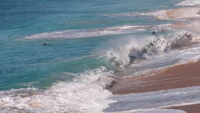 Guys surfing on El Palmar beach, on the coast of Cadiz, Andalusia, Spain