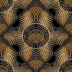 Embroidery modern meander seamless pattern. Tapestry endless geometric ornament. Vector grunge background with black gold radial spiral circles, geometric shapes, figures,  dotted line rhombus frames.