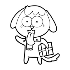 cute cartoon dog with christmas present