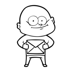 cartoon bald man staring with letter