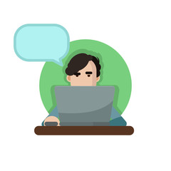 Vector illustration of a man using a laptop with speechbubble