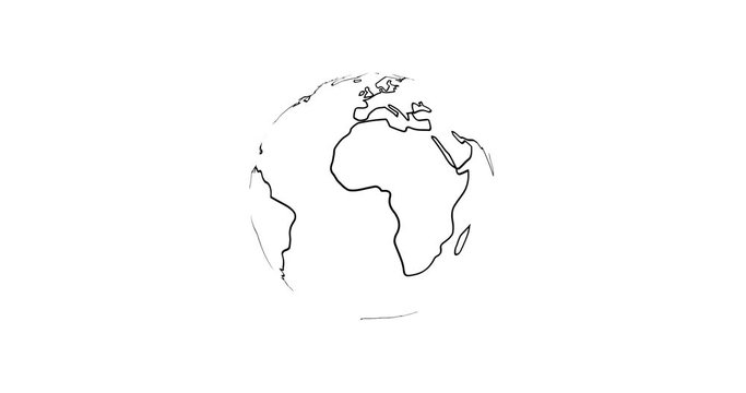 4k Planet Earth Rendered Animation Video Black Outline Continents Isolated on White Background