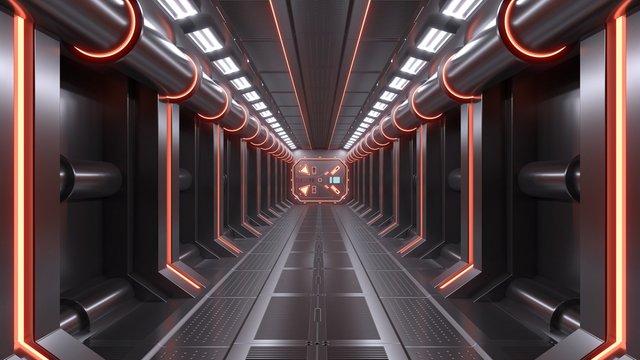 Science background fiction interior room sci-fi spaceship corridors orange ,3D rendering