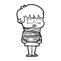 cartoon exhausted boy holding book