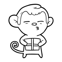 cartoon suspicious monkey with present