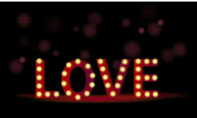 Vector background to the day of the holy Valentine or February 14, the day of all lovers. The word LOVE in the center is written with luminous lamps