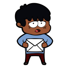 cartoon exhausted boy with letter